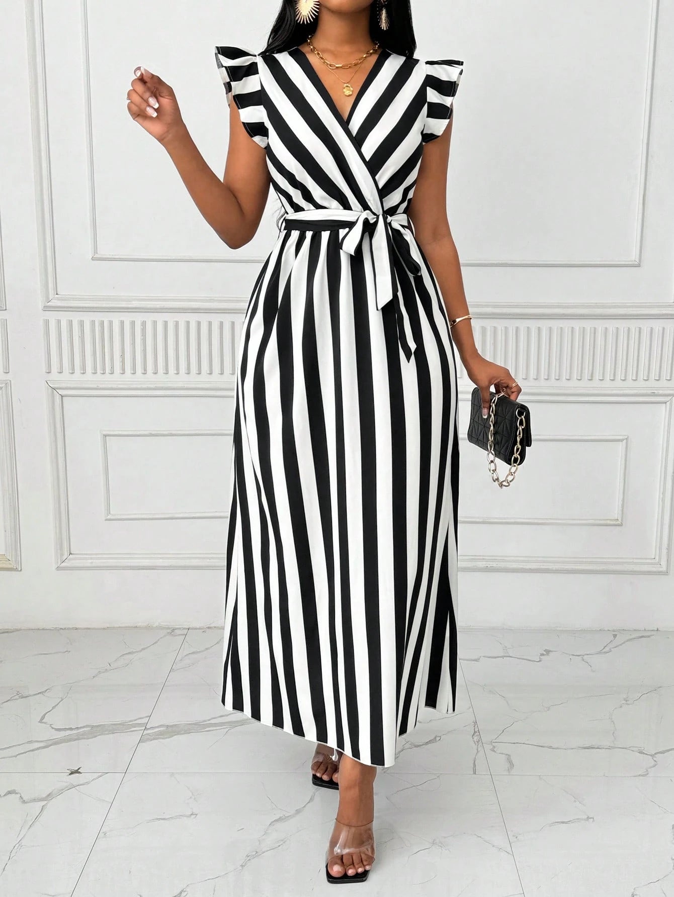 Xyvia Women's V-Neck Cinched Waist Wide Dress Long Dress With Bowknot, Black And White Vertical Striped, Long Sleeve Maxi Women Outfit