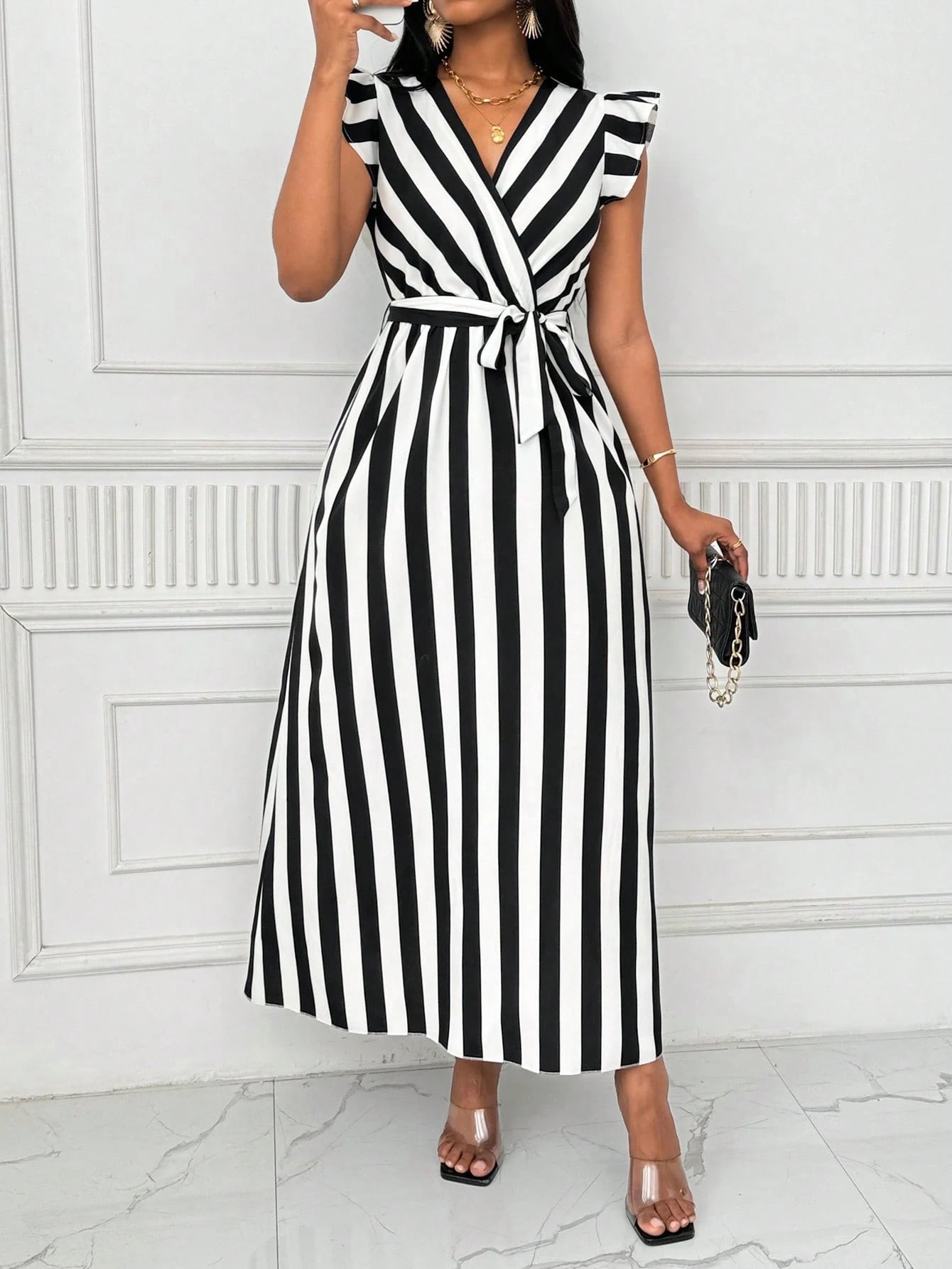 Xyvia Women's V-Neck Cinched Waist Wide Dress Long Dress With Bowknot, Black And White Vertical Striped, Long Sleeve Maxi Women Outfit
