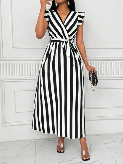 Xyvia Women's V-Neck Cinched Waist Wide Dress Long Dress With Bowknot, Black And White Vertical Striped, Long Sleeve Maxi Women Outfit