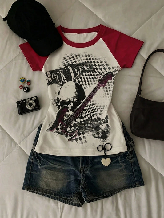 Y2K Women's Black & White Contrast Skull Guitar Graphic Round Neck Casual Streetwear Top, Suitable For Daily Street Style