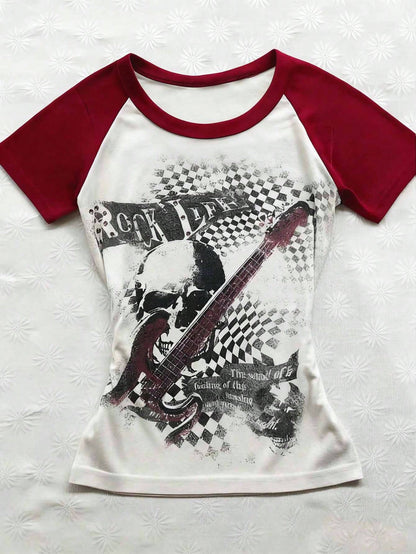 Y2K Women's Black & White Contrast Skull Guitar Graphic Round Neck Casual Streetwear Top, Suitable For Daily Street Style