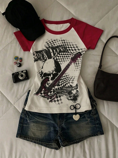 Y2K Women's Black & White Contrast Skull Guitar Graphic Round Neck Casual Streetwear Top, Suitable For Daily Street Style
