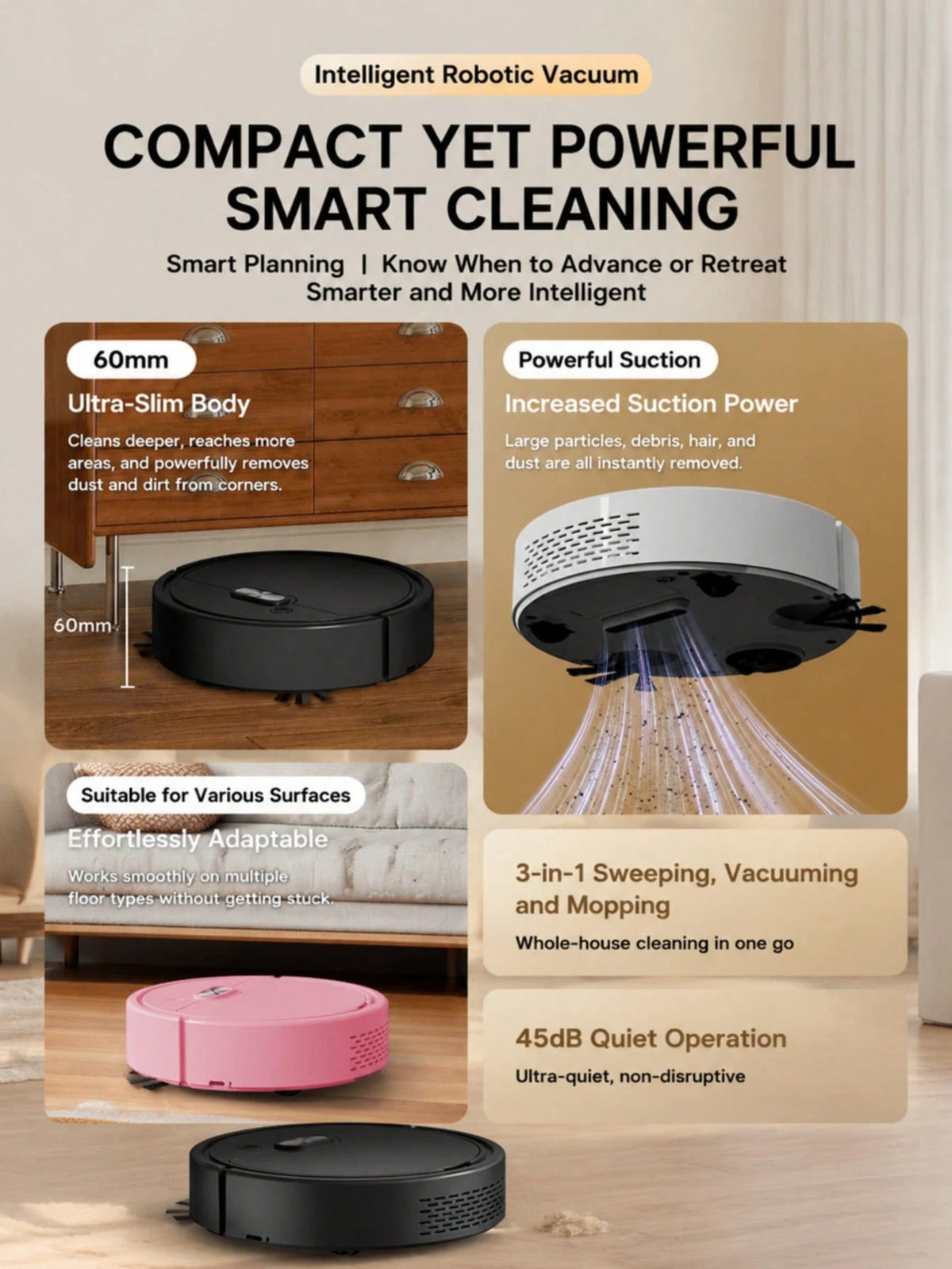 YAIUZGOO 3-In-1 Smart Robot Vacuum, 60mm Ultra-Thin Body, Powerful Suction, 45dB Quiet Automatic Sweeping And Mopping Robot, Suitable For Home Hard Floors, Carpets And Pet Hair
