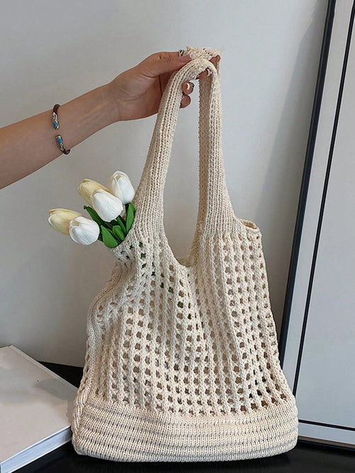 Yogodlns Women's Knitted Hollow Woven Large Capacity Floral Decor Shopping Tote Bag, Crochet Woven Bag, Summer Beach Tote
