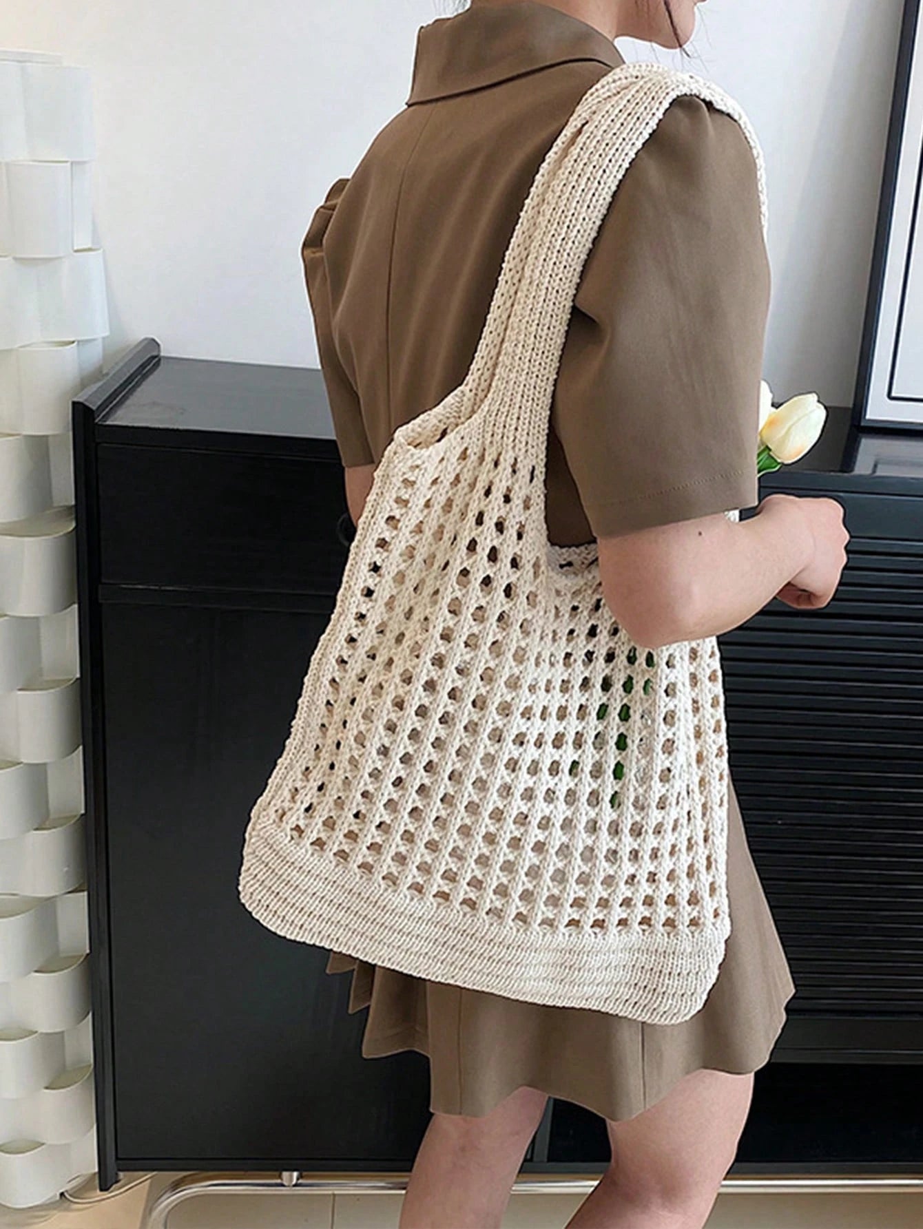Yogodlns Women's Knitted Hollow Woven Large Capacity Floral Decor Shopping Tote Bag, Crochet Woven Bag, Summer Beach Tote