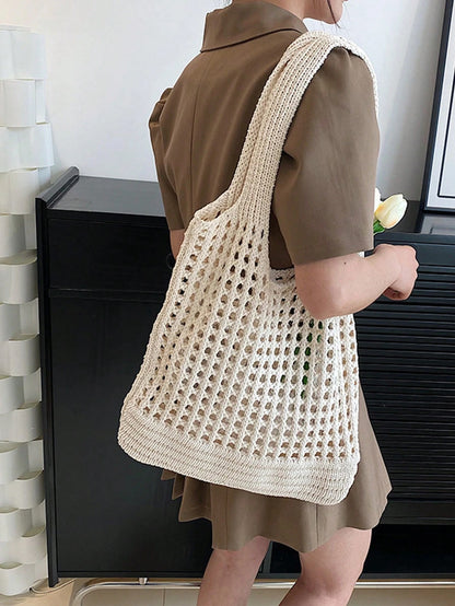 Yogodlns Women's Knitted Hollow Woven Large Capacity Floral Decor Shopping Tote Bag, Crochet Woven Bag, Summer Beach Tote