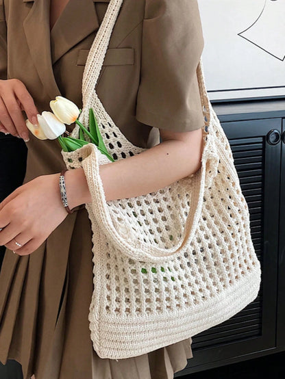 Yogodlns Women's Knitted Hollow Woven Large Capacity Floral Decor Shopping Tote Bag, Crochet Woven Bag, Summer Beach Tote
