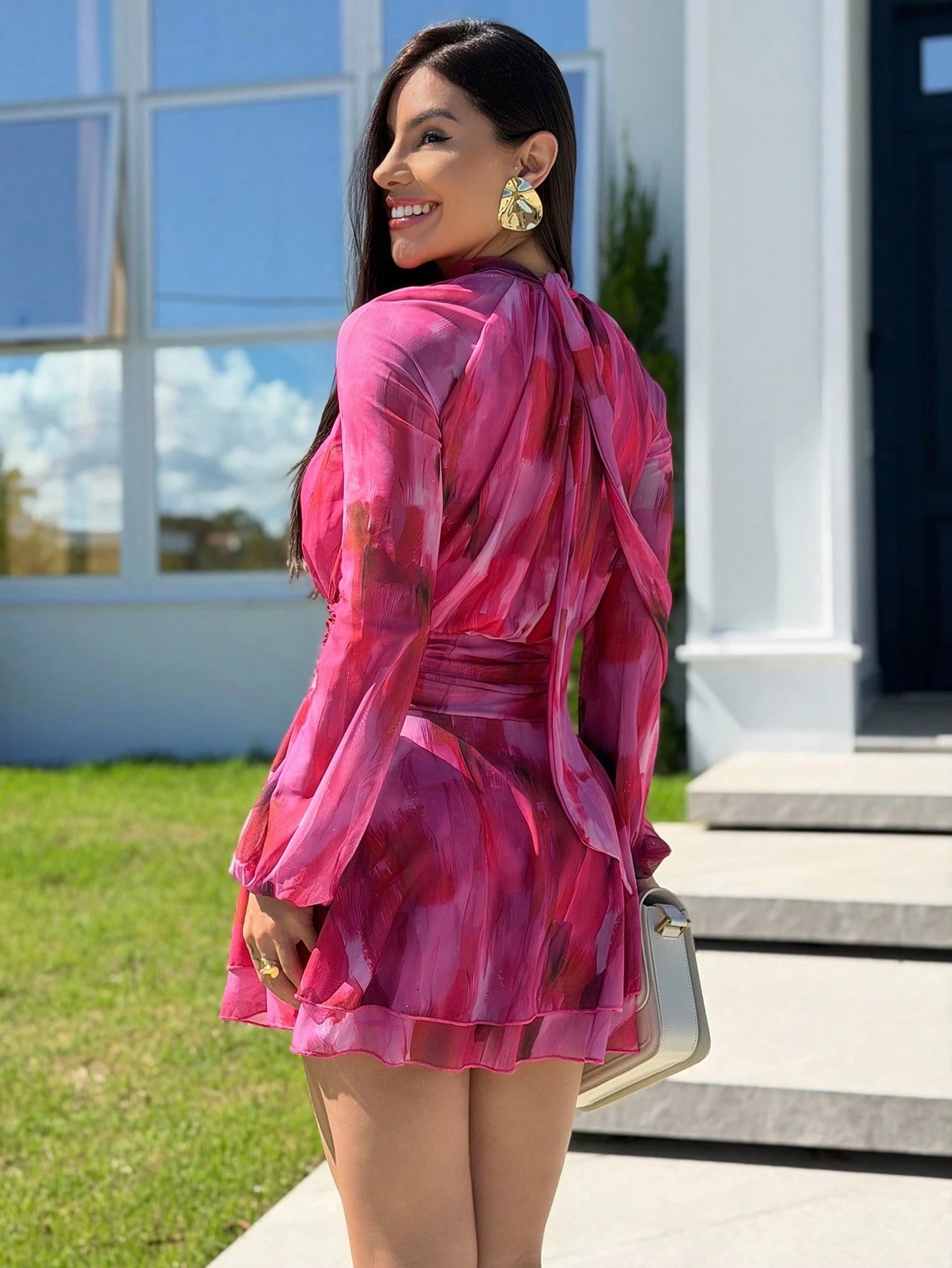 Yohana Edit Women's Autumn/Winter New Long Sleeve Fitted A-Line Umbrella Dress, Young Casual/Date/Outing/Teacher Wear, Romantic Purple Tie Dye Mesh Print Stand Collar Tie Waist Dress Hot Pink Summer D