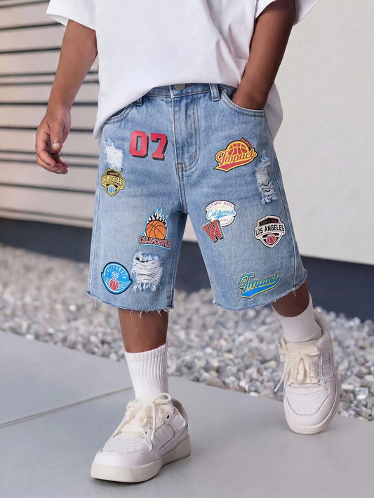 Young Boy Distressed Retro Urban Street Style Basketball Letter Graphic Blue Denim Loose Ripped Frayed Jeans Shorts, For Kids Spring/Summer Dailywear, Streetwear, Vacation For Boys, Birthday For