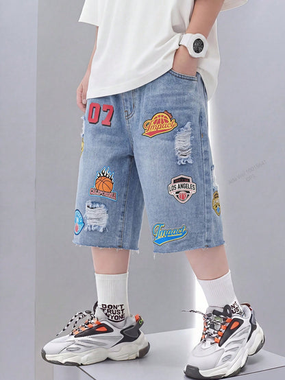 Young Boy Distressed Retro Urban Street Style Basketball Letter Graphic Blue Denim Loose Ripped Frayed Jeans Shorts, For Kids Spring/Summer Dailywear, Streetwear, Vacation For Boys, Birthday For