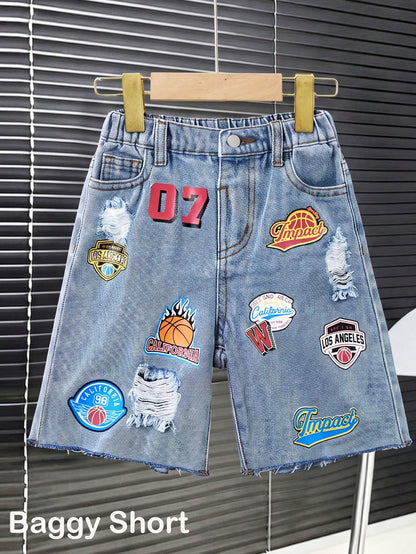 Young Boy Distressed Retro Urban Street Style Basketball Letter Graphic Blue Denim Loose Ripped Frayed Jeans Shorts, For Kids Spring/Summer Dailywear, Streetwear, Vacation For Boys, Birthday For