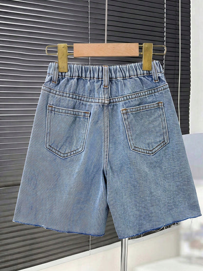 Young Boy Distressed Retro Urban Street Style Basketball Letter Graphic Blue Denim Loose Ripped Frayed Jeans Shorts, For Kids Spring/Summer Dailywear, Streetwear, Vacation For Boys, Birthday For
