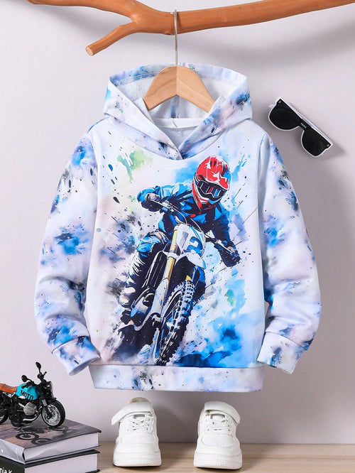 Young Boy Motorcycle Printed Casual Comfortable Sweatshirt, Spring/Autumn Chic Autumn/Winter