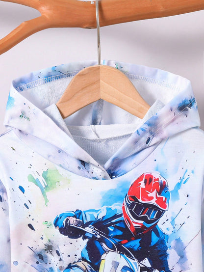 Young Boy Motorcycle Printed Casual Comfortable Sweatshirt, Spring/Autumn Chic Autumn/Winter