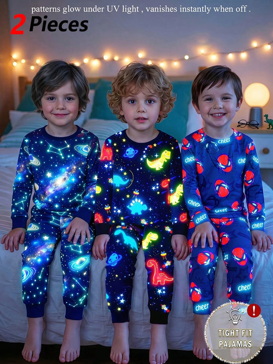 Young Boys Glow-In-The-Dark Spider Hero Cartoon Luminous Style Navy Blue Base With Red & Blue Fluorescent Print Knit Fabric Comfortable Soft Slim Fit Crew Neck Long Sleeve Pants 2-Piece Set Autumn/Win
