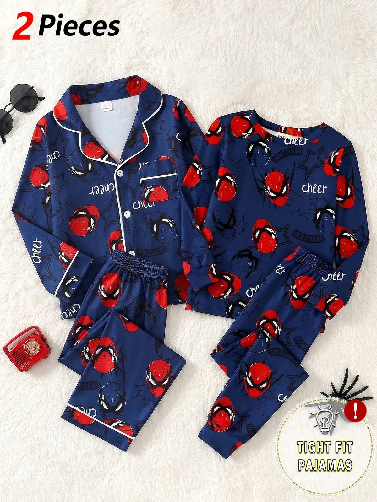 Young Boys Glow-In-The-Dark Spider Hero Cartoon Luminous Style Navy Blue Base With Red & Blue Fluorescent Print Knit Fabric Comfortable Soft Slim Fit Crew Neck Long Sleeve Pants 2-Piece Set Autumn/Win