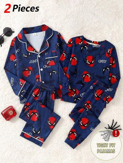 Young Boys Glow-In-The-Dark Spider Hero Cartoon Luminous Style Navy Blue Base With Red & Blue Fluorescent Print Knit Fabric Comfortable Soft Slim Fit Crew Neck Long Sleeve Pants 2-Piece Set Autumn/Win