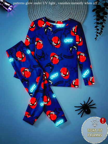 Young Boys Glow-In-The-Dark Spider Hero Cartoon Luminous Style Navy Blue Base With Red & Blue Fluorescent Print Knit Fabric Comfortable Soft Slim Fit Crew Neck Long Sleeve Pants 2-Piece Set Autumn/Win