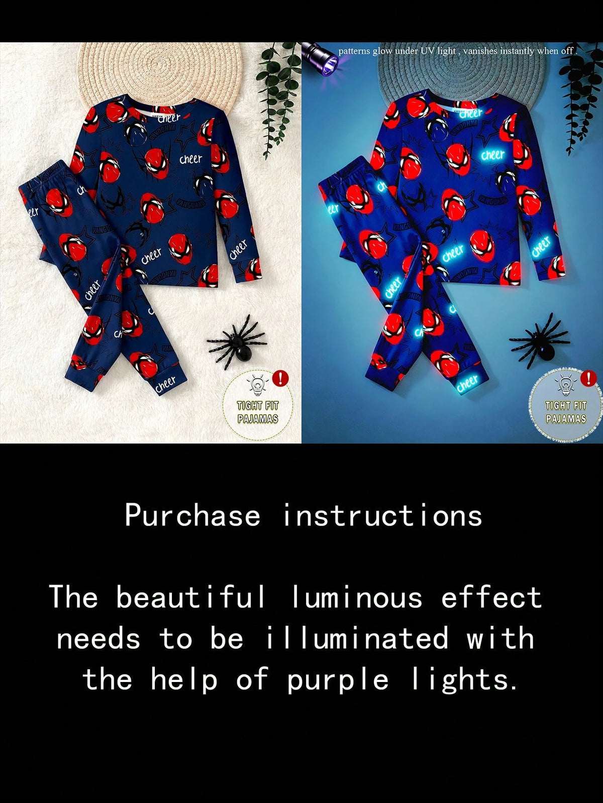 Young Boys Glow-In-The-Dark Spider Hero Cartoon Luminous Style Navy Blue Base With Red & Blue Fluorescent Print Knit Fabric Comfortable Soft Slim Fit Crew Neck Long Sleeve Pants 2-Piece Set Autumn/Win