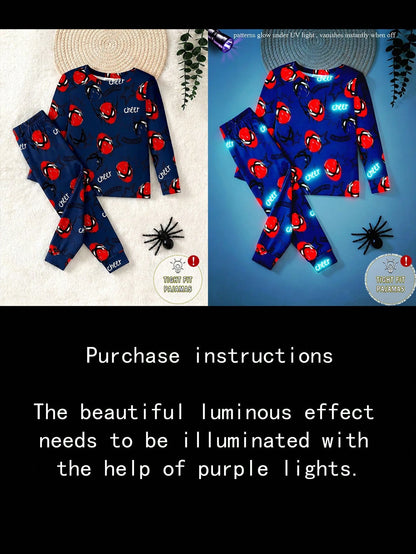 Young Boys Glow-In-The-Dark Spider Hero Cartoon Luminous Style Navy Blue Base With Red & Blue Fluorescent Print Knit Fabric Comfortable Soft Slim Fit Crew Neck Long Sleeve Pants 2-Piece Set Autumn/Win
