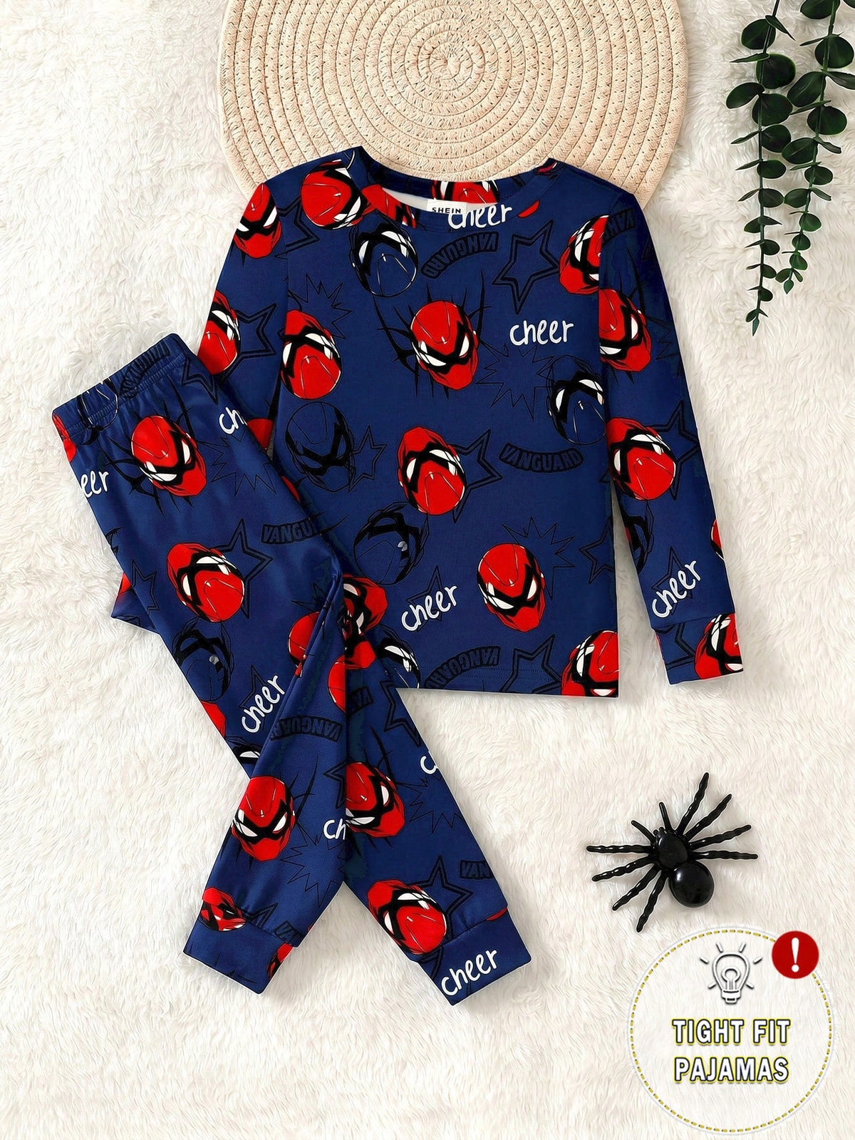 Young Boys Glow-In-The-Dark Spider Hero Cartoon Luminous Style Navy Blue Base With Red & Blue Fluorescent Print Knit Fabric Comfortable Soft Slim Fit Crew Neck Long Sleeve Pants 2-Piece Set Autumn/Win