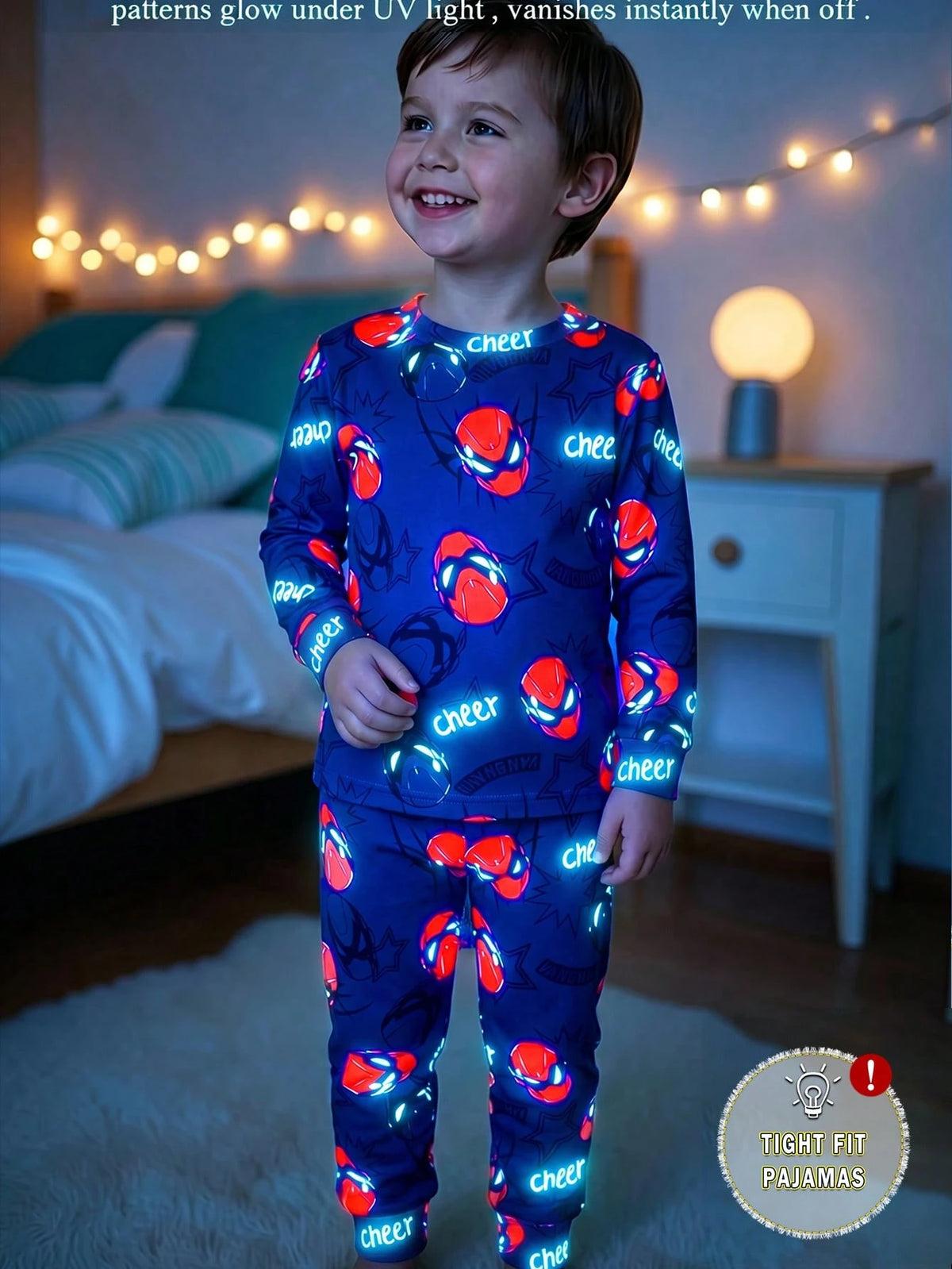 Young Boys Glow-In-The-Dark Spider Hero Cartoon Luminous Style Navy Blue Base With Red & Blue Fluorescent Print Knit Fabric Comfortable Soft Slim Fit Crew Neck Long Sleeve Pants 2-Piece Set Autumn/Win