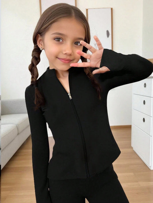 Young Girls Solid Color Fitted Knit Long Sleeve Zip Up Jacket,Kids Stretchy T Shirt Stand-Neck For Career Day,Daily School Sports Tee Autumn Top