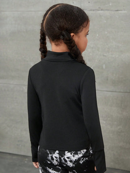 Young Girls Solid Color Fitted Knit Long Sleeve Zip Up Jacket,Kids Stretchy T Shirt Stand-Neck For Career Day,Daily School Sports Tee Autumn Top