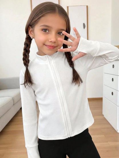 Young Girls Solid Color Fitted Knit Long Sleeve Zip Up Jacket,Kids Stretchy T Shirt Stand-Neck For Career Day,Daily School Sports Tee Autumn Top
