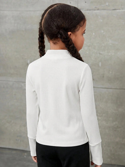 Young Girls Solid Color Fitted Knit Long Sleeve Zip Up Jacket,Kids Stretchy T Shirt Stand-Neck For Career Day,Daily School Sports Tee Autumn Top