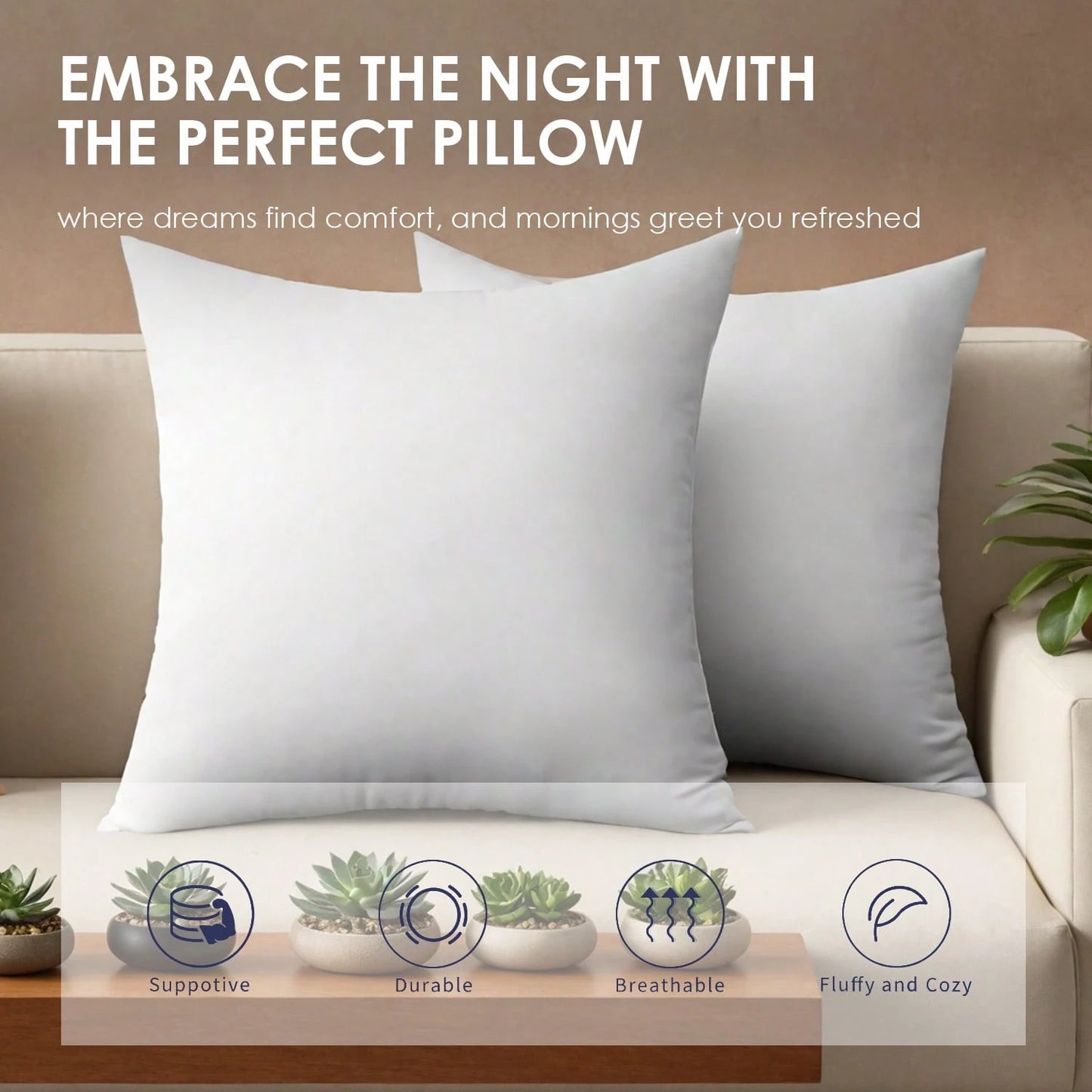 YUNDO Label White Pillow Core, Sofa Cushion, Bed Cushion, Patio Cushion, 18*18 Inches, High Filling Capacity, Machine Washable, Dryable, Reusable, Ultra-Fine Fabric, Brushed Fabric, Soft And Clean, E