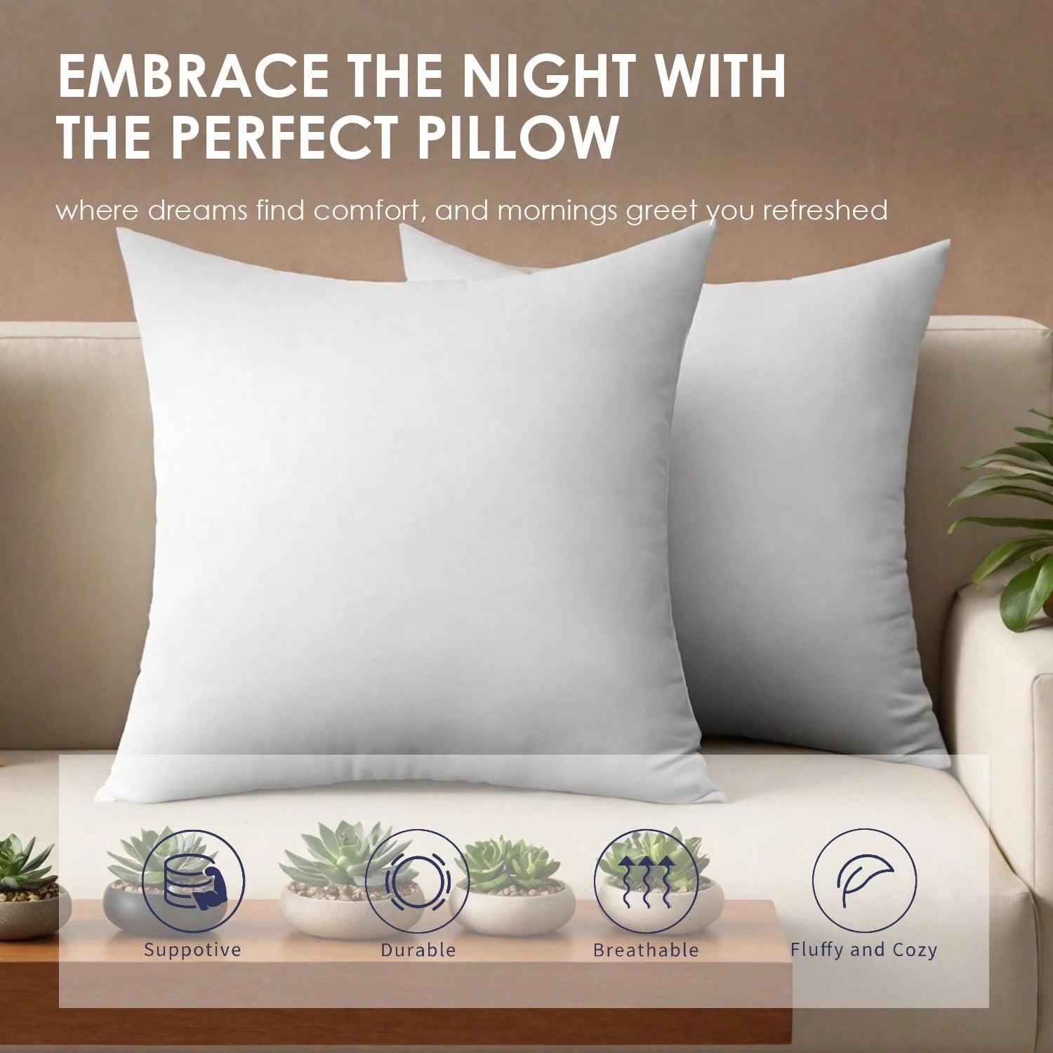 YUNDO Label White Pillow Core, Sofa Cushion, Bed Cushion, Patio Cushion, 18*18 Inches, High Filling Capacity, Machine Washable, Dryable, Reusable, Ultra-Fine Fabric, Brushed Fabric, Soft And Clean, E
