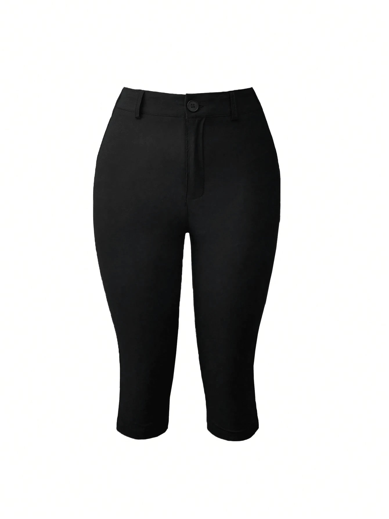 Yuwenier Elegant Slim High Waist Solid Color Split Hem Elastic 7/8 Pants, Button & Zipper Design Black, Office Siren