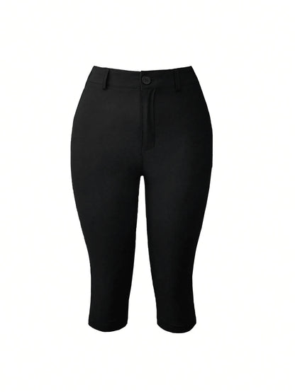 Yuwenier Elegant Slim High Waist Solid Color Split Hem Elastic 7/8 Pants, Button & Zipper Design Black, Office Siren