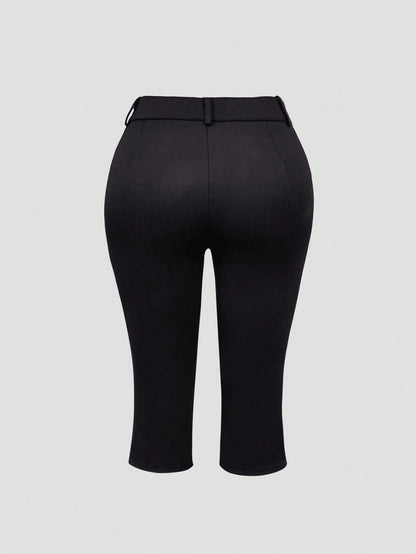 Yuwenier Elegant Slim High Waist Solid Color Split Hem Elastic 7/8 Pants, Button & Zipper Design Black, Office Siren