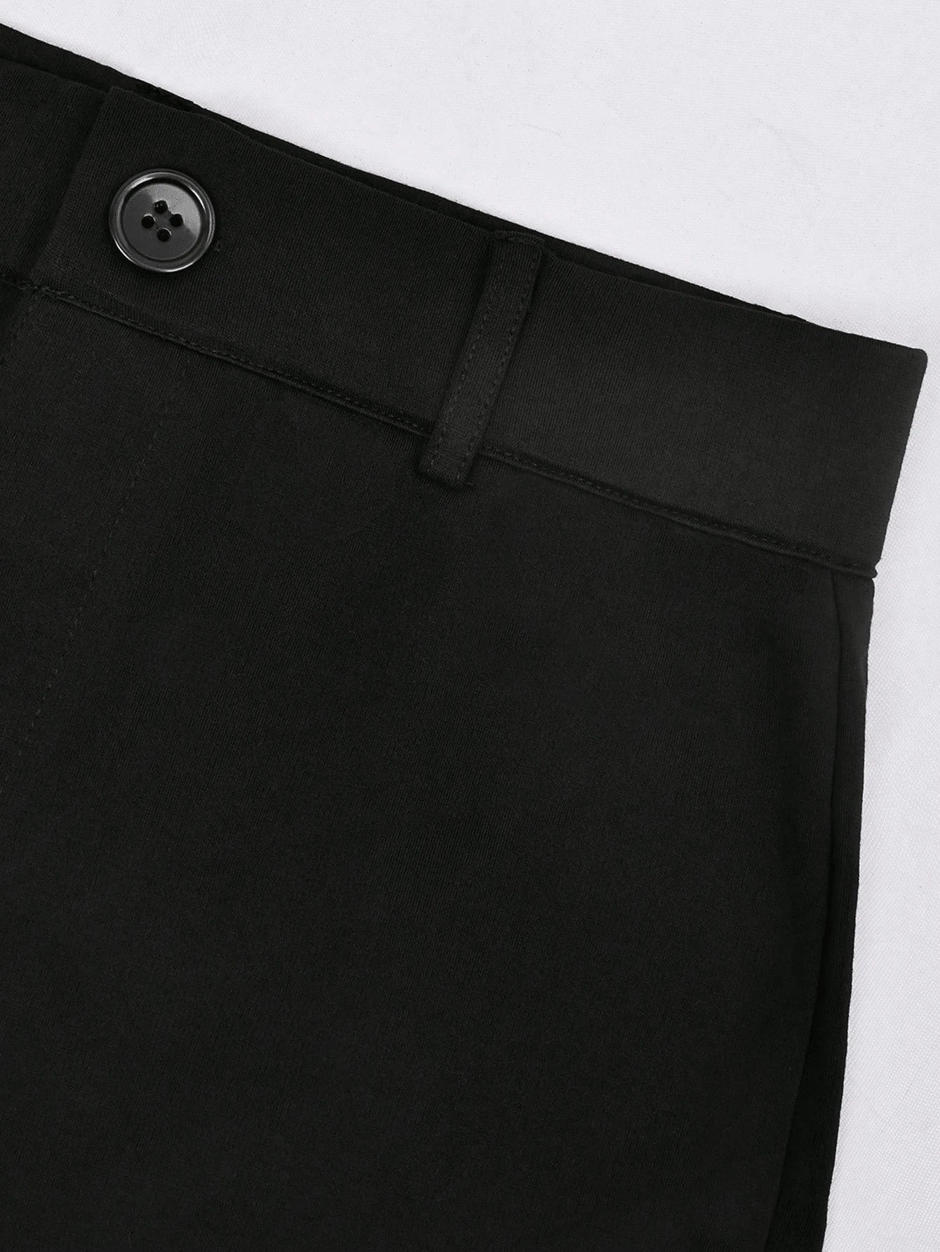 Yuwenier Elegant Slim High Waist Solid Color Split Hem Elastic 7/8 Pants, Button & Zipper Design Black, Office Siren
