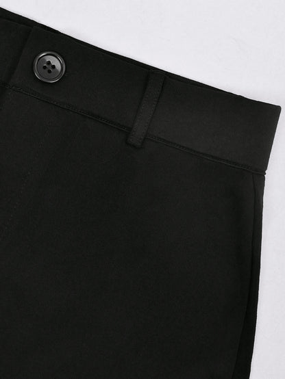 Yuwenier Elegant Slim High Waist Solid Color Split Hem Elastic 7/8 Pants, Button & Zipper Design Black, Office Siren