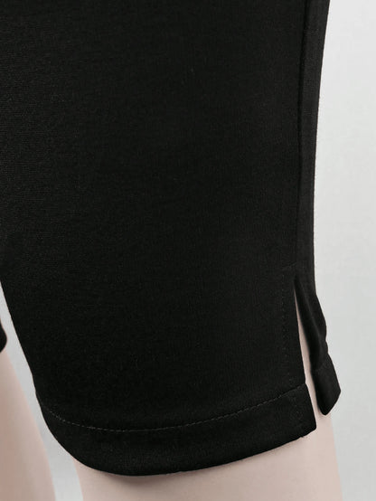 Yuwenier Elegant Slim High Waist Solid Color Split Hem Elastic 7/8 Pants, Button & Zipper Design Black, Office Siren