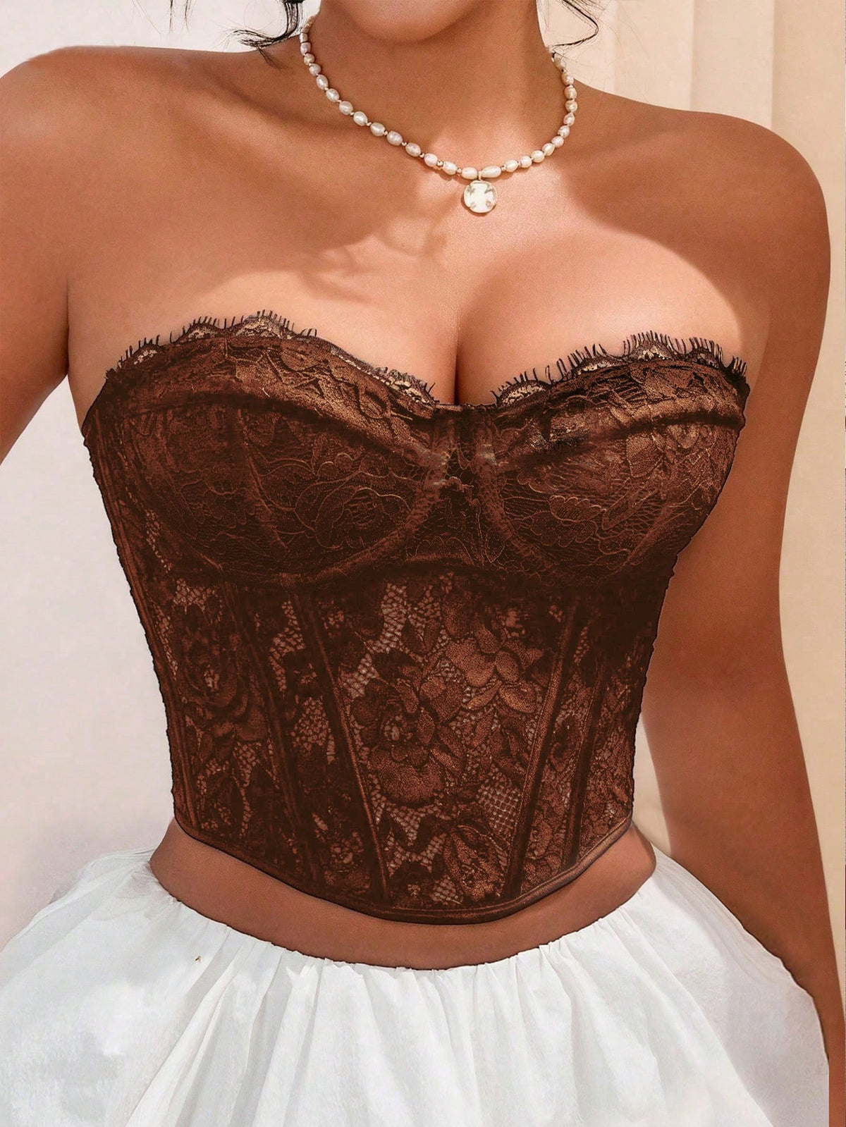 Yuwenier Elegant Solid Color Corset Top With Boning And Lace-Up Back, Body-Shaping Tight Tube Top For Valentine's Day, Date, Women's Clothing Brown