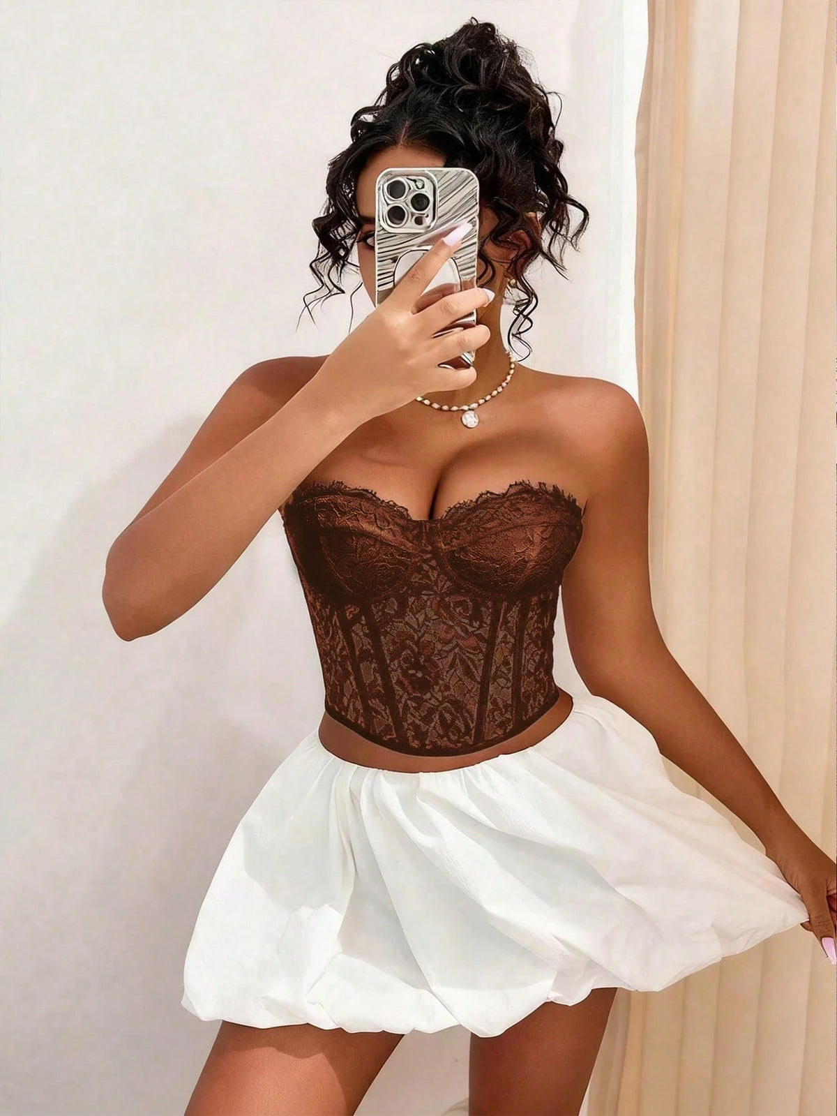 Yuwenier Elegant Solid Color Corset Top With Boning And Lace-Up Back, Body-Shaping Tight Tube Top For Valentine's Day, Date, Women's Clothing Brown