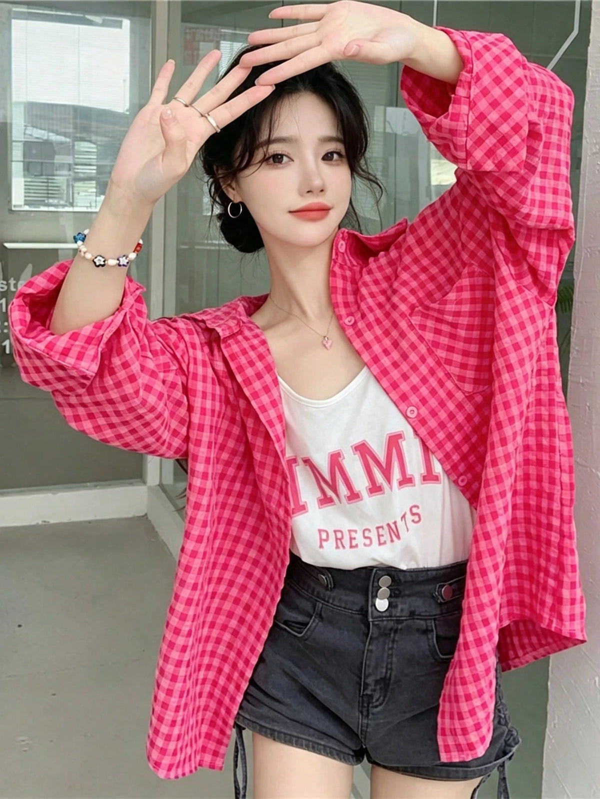 YUXIN Women's Loose Plaid Shirt, Turn-Down Collar Button Front, Single Side Pocket, Multiple Colors Available Red
