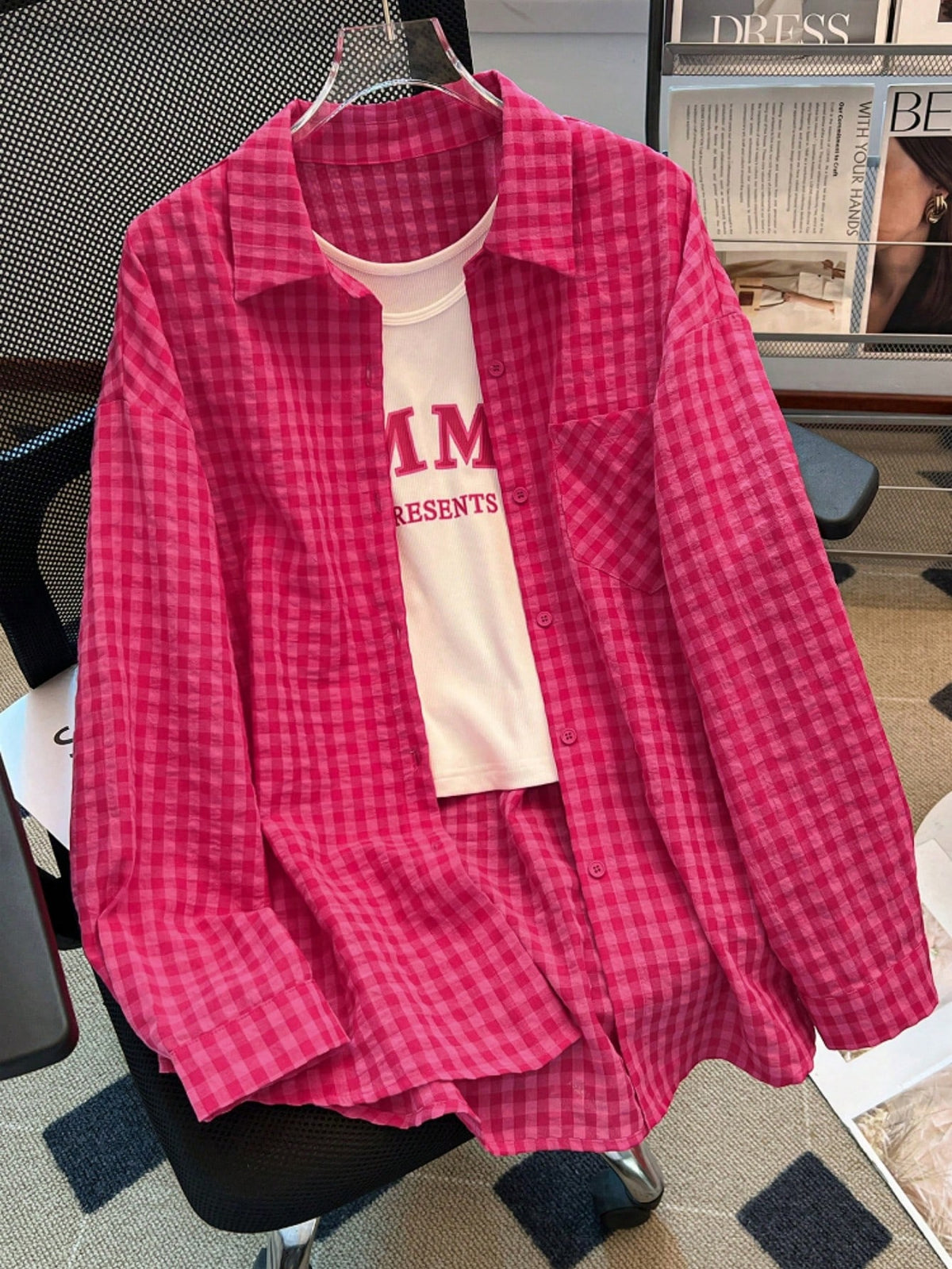 YUXIN Women's Loose Plaid Shirt, Turn-Down Collar Button Front, Single Side Pocket, Multiple Colors Available Red