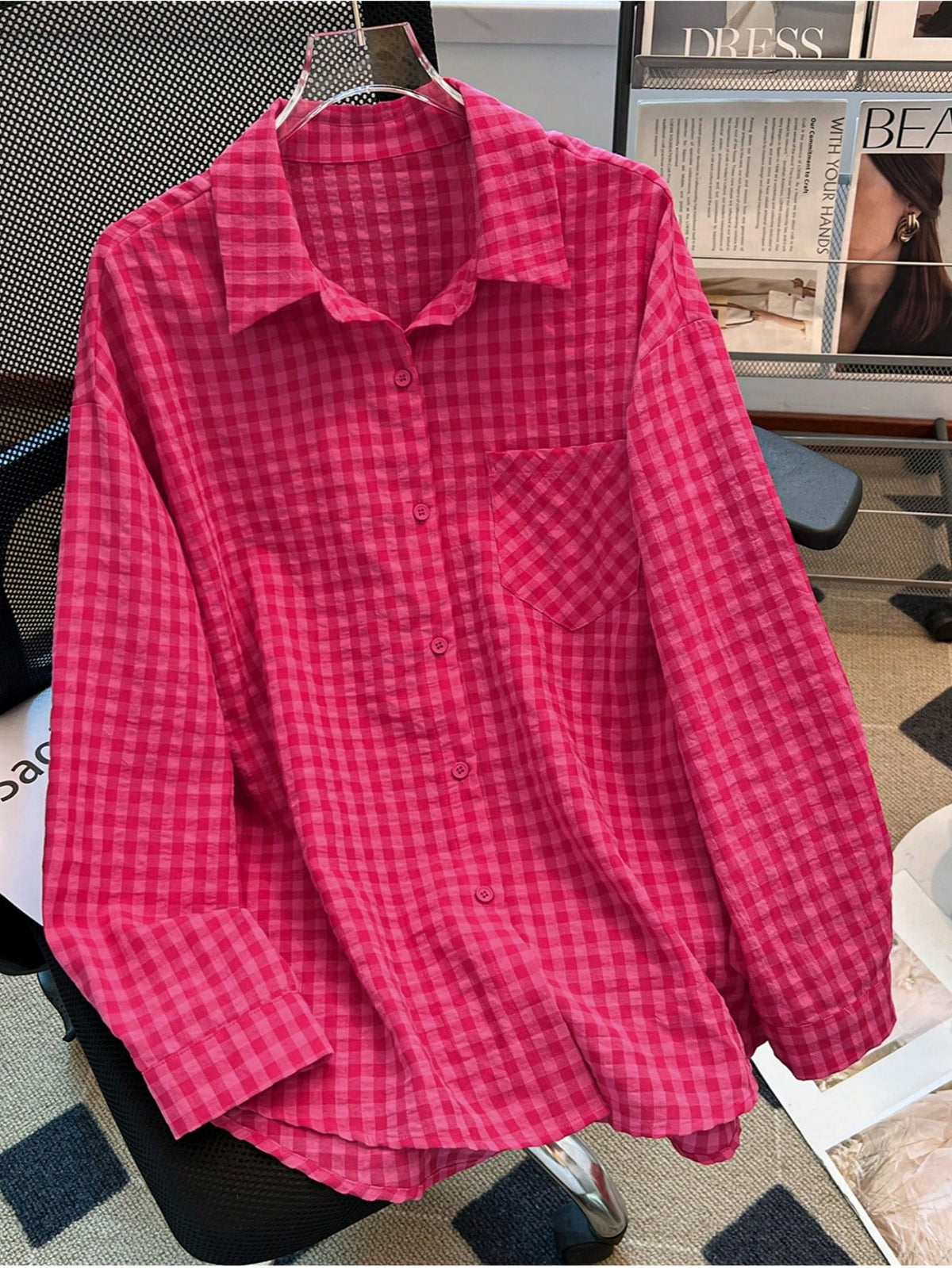 YUXIN Women's Loose Plaid Shirt, Turn-Down Collar Button Front, Single Side Pocket, Multiple Colors Available Red