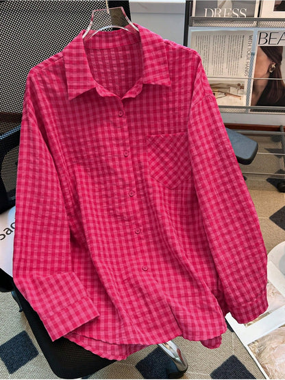 YUXIN Women's Loose Plaid Shirt, Turn-Down Collar Button Front, Single Side Pocket, Multiple Colors Available Red