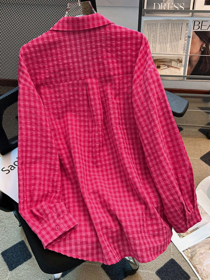 YUXIN Women's Loose Plaid Shirt, Turn-Down Collar Button Front, Single Side Pocket, Multiple Colors Available Red