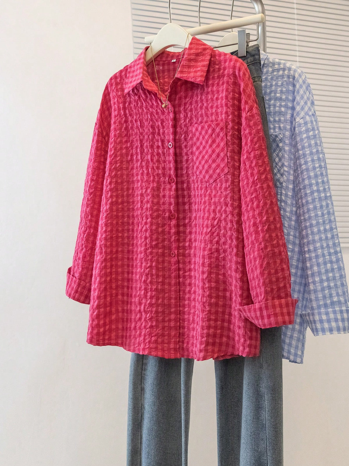 YUXIN Women's Loose Plaid Shirt, Turn-Down Collar Button Front, Single Side Pocket, Multiple Colors Available Red