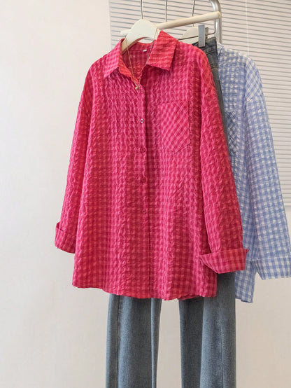 YUXIN Women's Loose Plaid Shirt, Turn-Down Collar Button Front, Single Side Pocket, Multiple Colors Available Red
