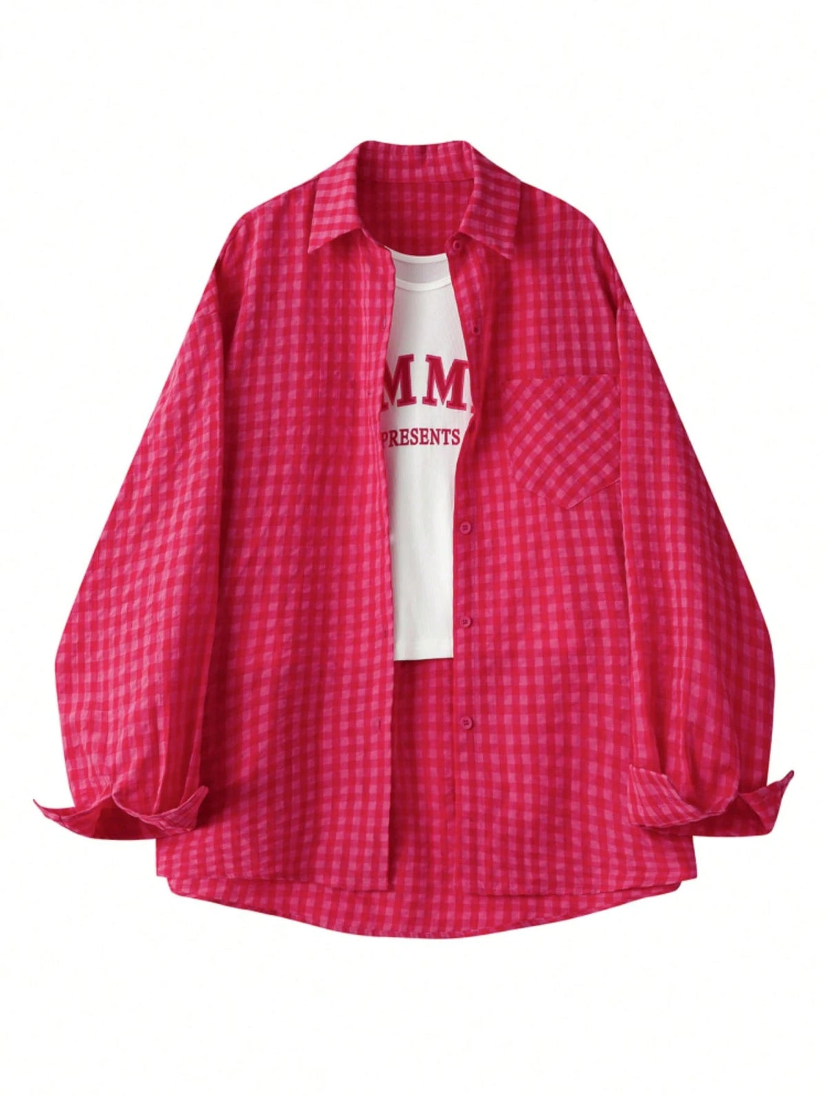 YUXIN Women's Loose Plaid Shirt, Turn-Down Collar Button Front, Single Side Pocket, Multiple Colors Available Red