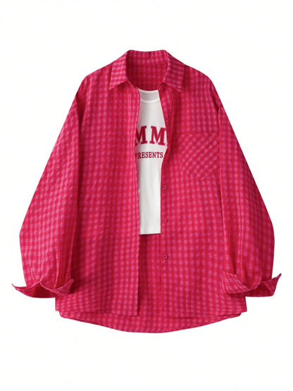 YUXIN Women's Loose Plaid Shirt, Turn-Down Collar Button Front, Single Side Pocket, Multiple Colors Available Red