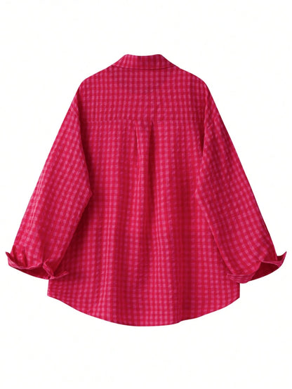 YUXIN Women's Loose Plaid Shirt, Turn-Down Collar Button Front, Single Side Pocket, Multiple Colors Available Red
